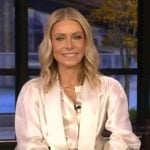 Kelly’s white tie neck silk blouse on Live with Kelly and Mark