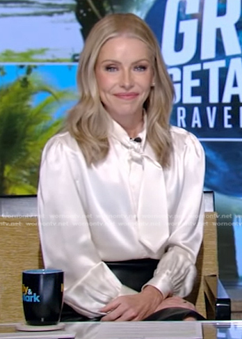 Kelly’s white tie neck silk blouse on Live with Kelly and Mark