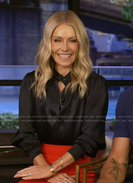Kelly's black satin blouse and skirt on Live with Kelly and Mark