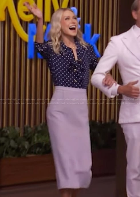 Kelly's blue polka dot print blouse and skirt on Live with Kelly and Mark