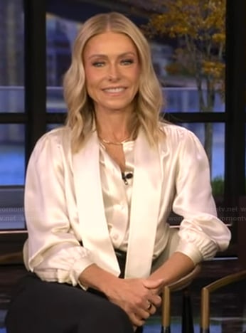 Kelly’s white tie neck silk blouse on Live with Kelly and Mark
