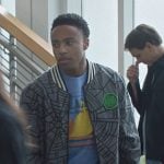 Kenny’s gray web print bomber jacket on Cobra Kai