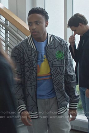 Kenny’s gray web print bomber jacket on Cobra Kai