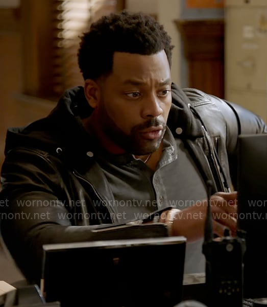 Kevin’s hooded leather jacket on Chicago PD