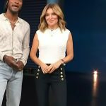 Kit’s white textured top and pants on Access Hollywood