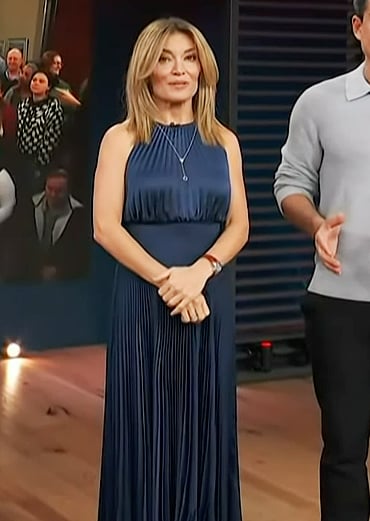 Kit's blue pleated satin dress on Access Hollywood