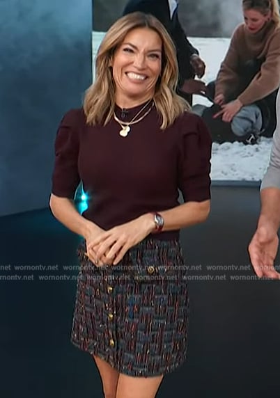 Kit’s burgundy puff sleeve top on Access Hollywood