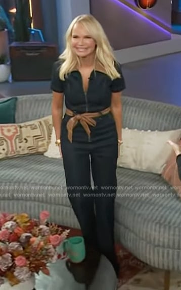 Kristin Chenoweth's denim contrast belted jumpsuit on The Kelly Clarkson Show