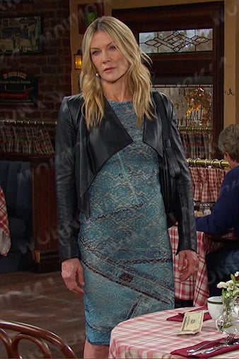 Kristen's blue lace knit dress and black jacket on Days of our Lives