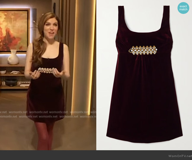 LA DoubleJ Ella embellished cotton-velvet mini dress worn by Anna Kendrick on The Drew Barrymore Show