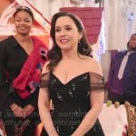 Lacey Chabert’s black pearl embellished off-shoulder dress on Celebrations with Lacey Chabert