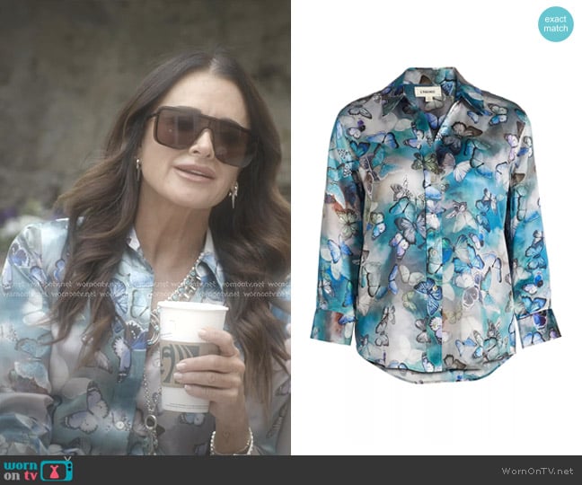 L'Agence Dani Blouse in Blue Multi Cloud Butterfly worn by Kyle Richards on The Real Housewives of Beverly Hills