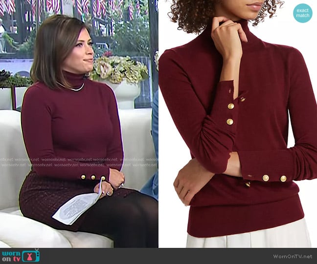 L'Agence Flora Turtleneck Sweater in Syrah/Gold worn by Chloe Melas on Today