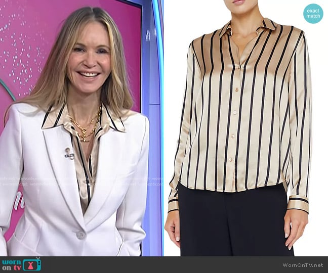 L'Agence Tyler Striped Silk Blouse in Almond/Black Stripe worn by Elle Macpherson on Today