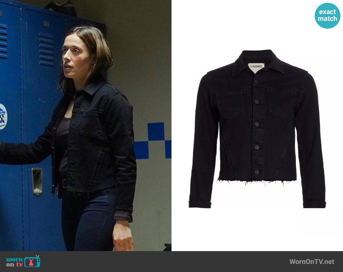 L'Agence Janelle Denim Jacket in Saturated Black worn by Kim Burgess (Marina Squerciati) on Chicago PD