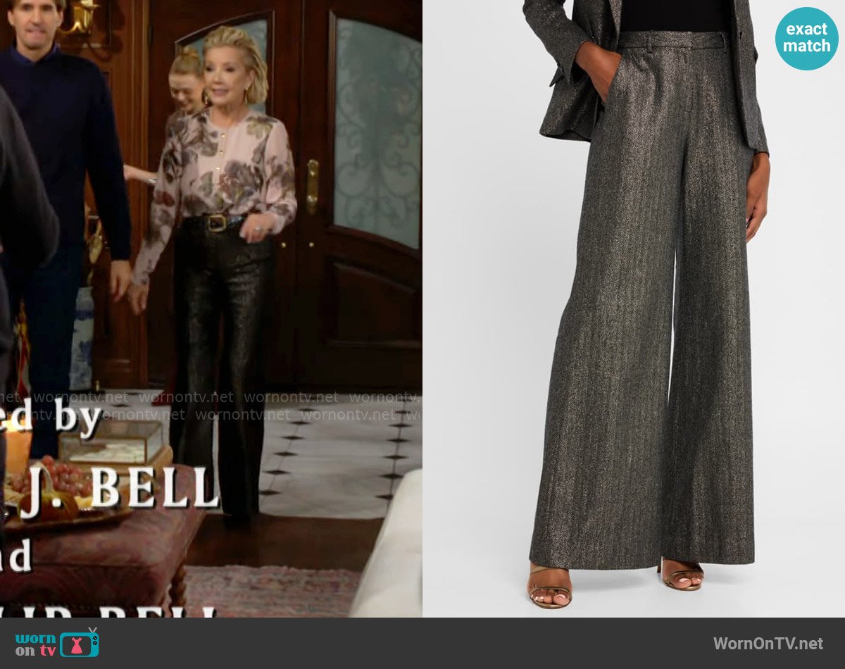 L'Agence Pilar Metallic Herringbone Wide-Leg Pants worn by Nikki Reed Newman (Melody Thomas-Scott) on The Young and the Restless