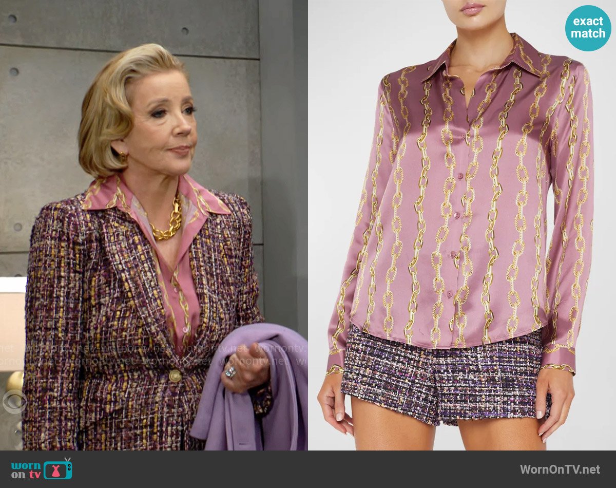 L'Agence Tyler Shirt in Mauve Rose Metallic Chain worn by Nikki Reed Newman (Melody Thomas-Scott) on The Young and the Restless