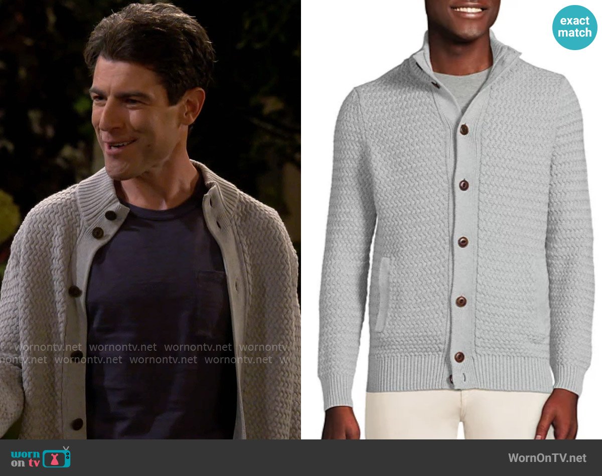 Land's End Drifter Mock Neck Cardigan in Gray Heather worn by Dave Johnson (Max Greenfield) on The Neighborhood