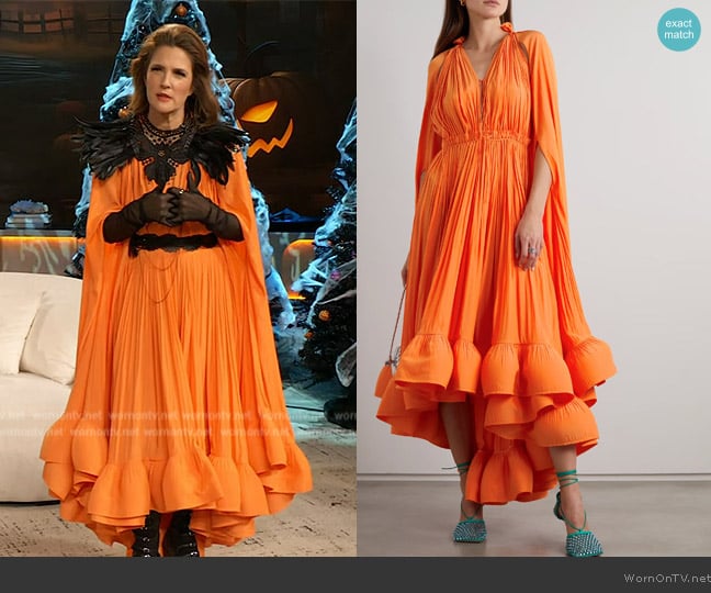 Lanvin Cape-effect tie-detailed ruffled charmeuse dress worn by Drew Barrymore on The Drew Barrymore Show