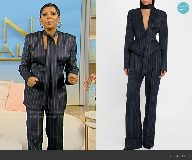 LaQuan Smith Neck-Tie Fitted Tailored Pinstripe Blazer worn by Tamron Hall on Tamron Hall Show