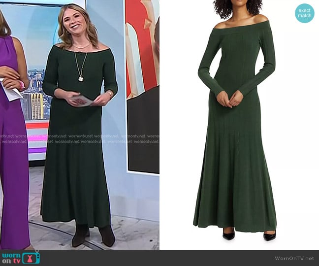 Lela Rose Off-The-Shoulder Pointelle Godet Dress in Sage worn by Jenna Bush Hager on Today