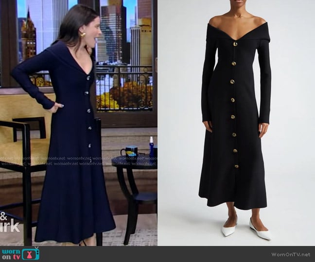 Lela Rose Off The Shoulder Button Dress worn by Jackie Tohn on Live with Kelly and Mark