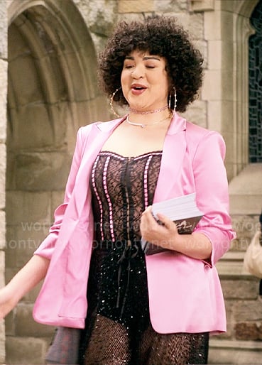 Lila's black lace corset top and pink blazer on The Sex Lives of College Girls