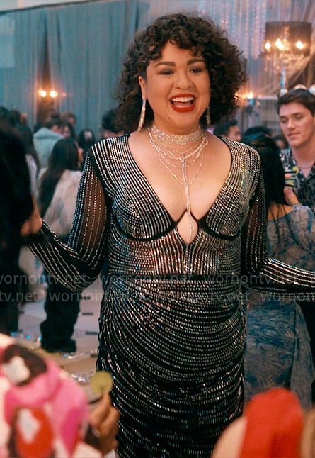 Lila’s embellished plunge-neck dress on The Sex Lives of College Girls