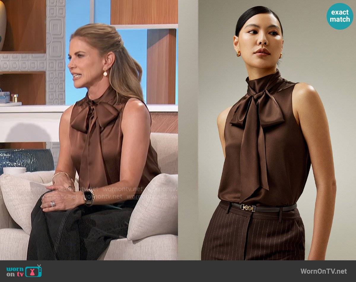 Lily Silk Sleeveless Tie-Neck Silk Blouse in Chocolate worn by Natalie Morales on The Talk