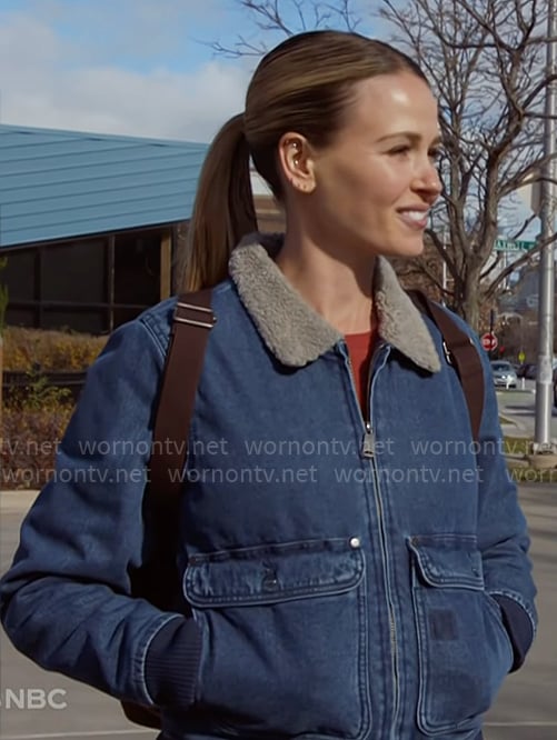 Lyla's denim jacket with sherpa collar on Chicago Fire