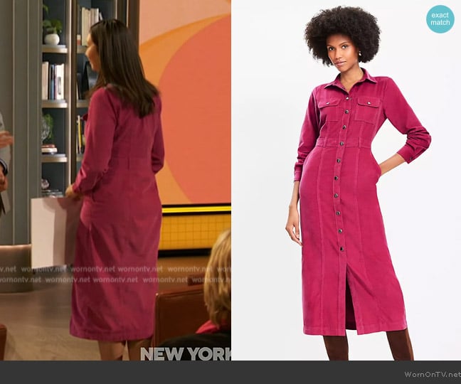 Loft Corduroy Midi Pocket Shirtdress worn by Anna Wassman-Cox on The Drew Barrymore Show