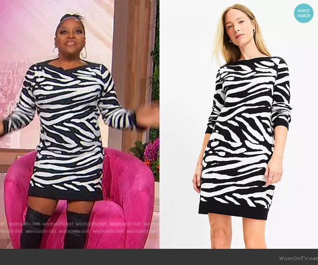 Loft Zebra Print Boatneck Ribtrim Flare Sleeve Sweater Dress worn by Sherri Shepherd on Sherri