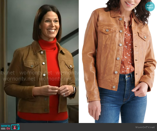 Lucky Brand Leather Trucker Jacket in Cognac worn by Dana Jacobson on CBS Mornings