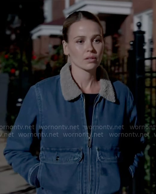 Lyla's denim jacket with sherpa collar on Chicago Fire