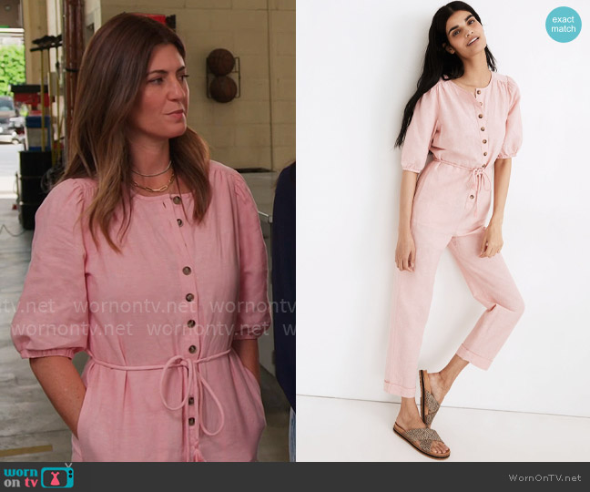 Madewell Linen-Blend Puff-Sleeve Tassel-Tie Jumpsuit in Coral Sunrise worn by Marisa Lainer on Celebrations with Lacey Chabert