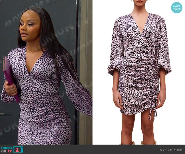 Maje Revetu Leopard Print Puff Sleeve Dress worn by Chanel Dupree (Raven Bowens) on Days of our Lives