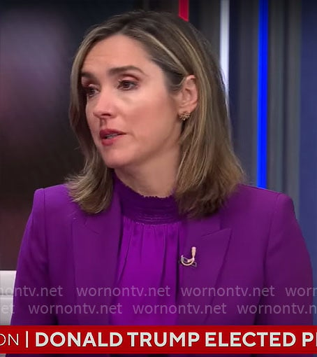 Margaret Brennan’s purple suit and blouse on CBS Mornings