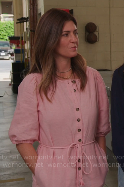 Marisa's pink button front jumpsuit on Celebrations with Lacey Chabert