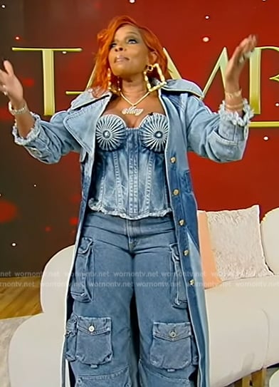 Mary J. Blige's denim corset top and utility jeans on Tamron Hall Show