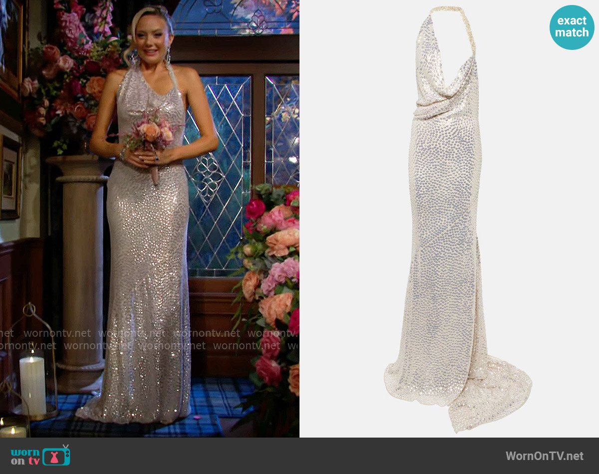 Maticevski Desires crystal-embellished silk gown worn by Abby Newman (Melissa Ordway) on The Young and the Restless