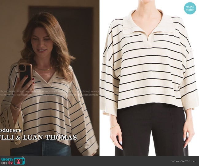 Max Studio Stripe Johnny Collar Crop Sweater worn by Amanda Larusso (Courtney Henggeler) on Cobra Kai