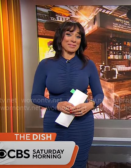 Michelle Miller's blue ruched front dress on CBS Mornings