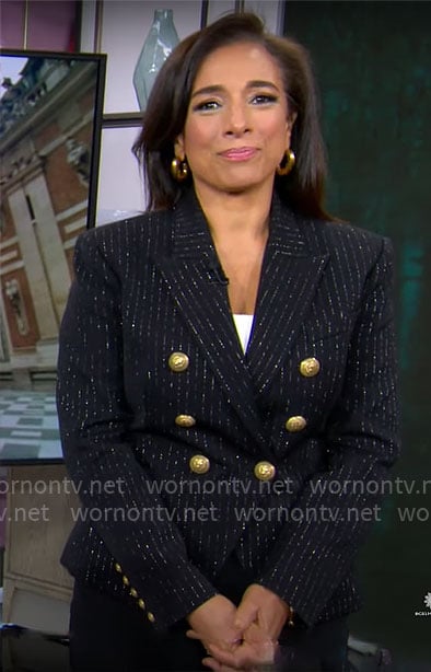 Michelle Miller’s pinstripe blazer with gold buttons on CBS Mornings