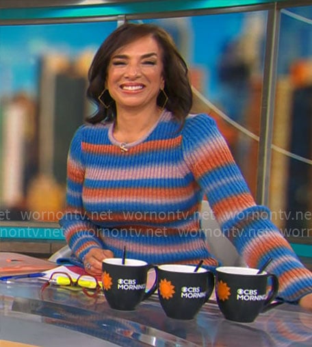 Michelle Miller’s blue striped sweater dress on CBS Mornings