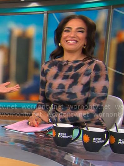 Michelle Miller’s tie dye print long sleeve dress on CBS Mornings