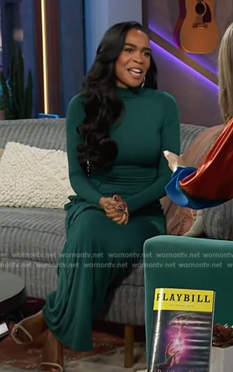 Michelle Williams’ green tie front jersey dress on The Kelly Clarkson Show