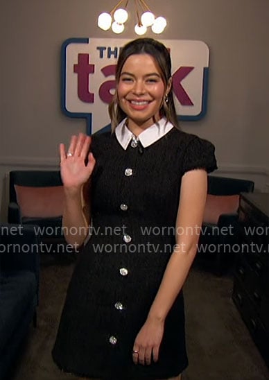 Miranda Cosgrove’s black tweed crystal button front dress on The Talk