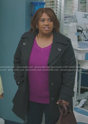 Miranda’s purple patch pocket sweater and black coat on Greys Anatomy