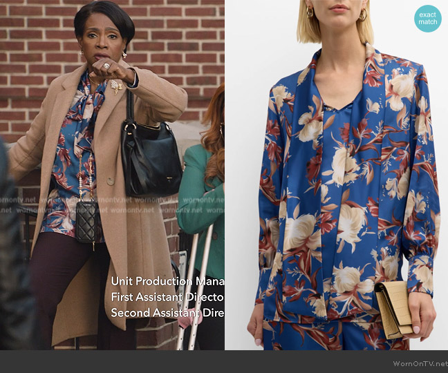 Misook Floral Crepe De Chine Tie-Neck Blouse worn by Barbara Howard (Sheryl Lee Ralph) on Abbott Elementary