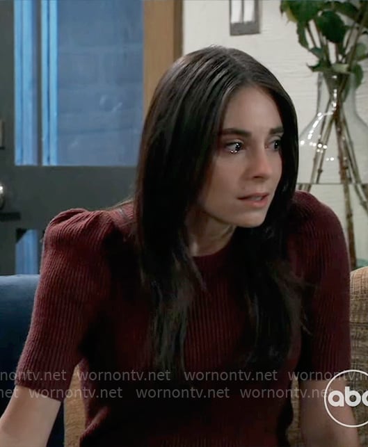 Molly's dark red puff-sleeve ribbed top on General Hospital